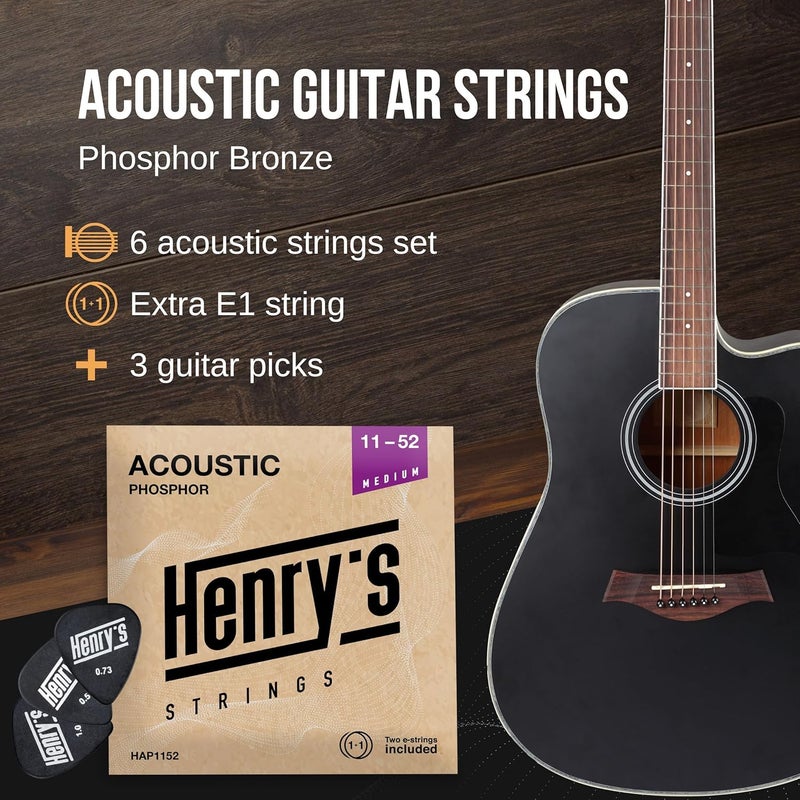 Henry's Strings Medium Acoustic Guitar Strings Medium 11-52 - Extra E1 String & 3 Guitar Picks Bonus - Phosphor Bronze Acoustic Guitar Strings 6 String Set - Image 2